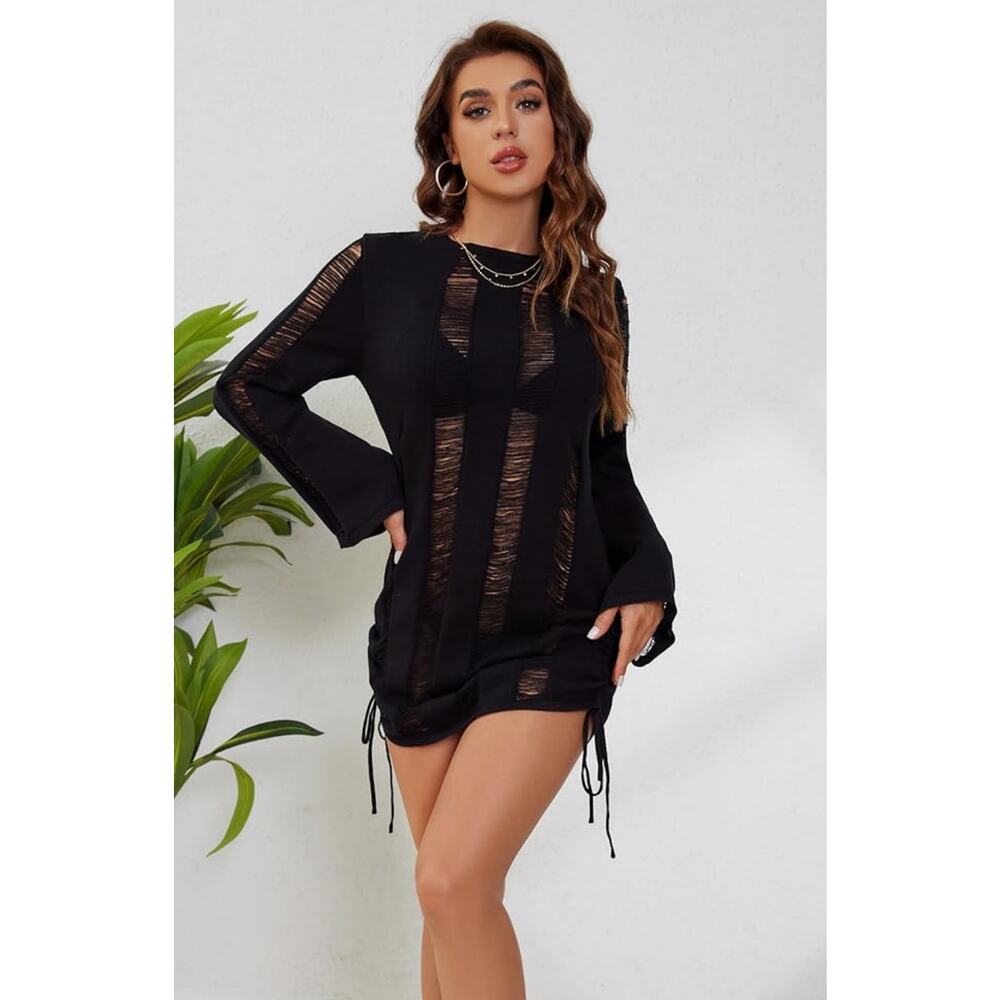 Summer Women's Sexy Swimwear Cover up Long Sleeve Beach Knitted Dresses - Picture 3 of 4